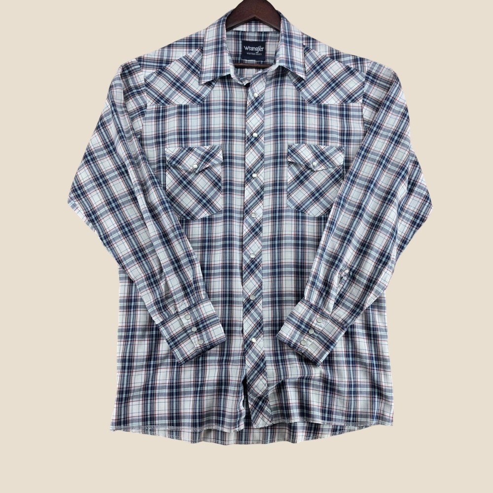 Wrangler Western Shirt Mens Large Navy White Red Plaid Pearl Snap Long Sleeve
